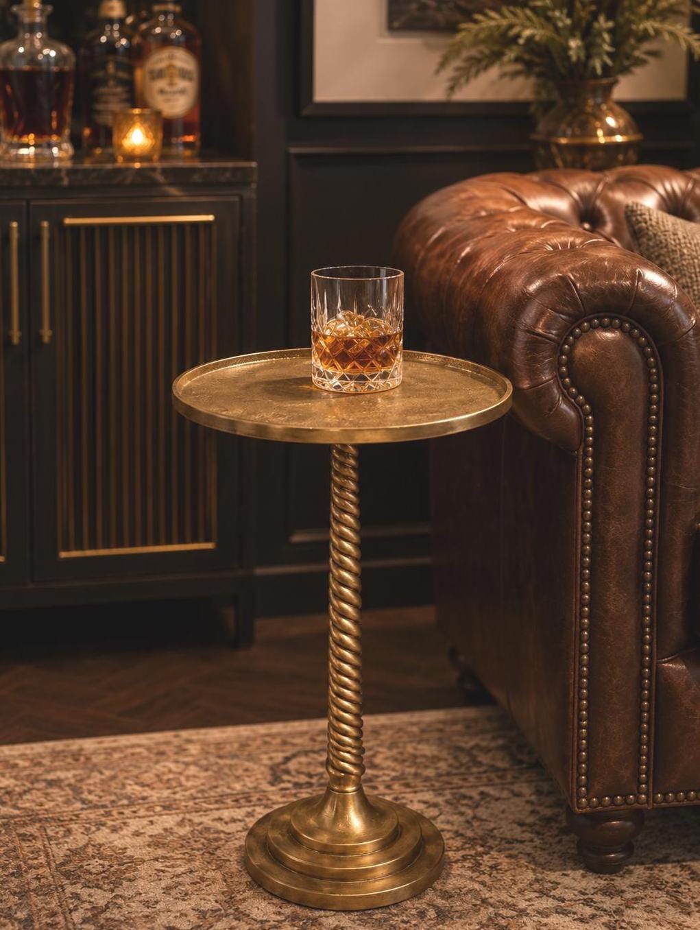 Handmade Martini Table, Antique Brass Candlestick Pedestal Side Table
