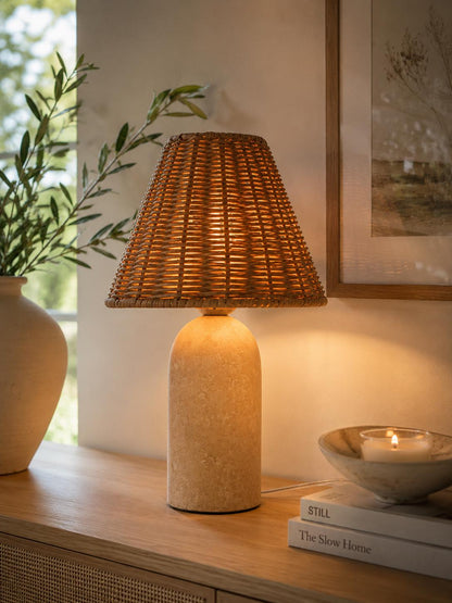 Small Ceramic Table Lamp with Rattan Wicker Shade & Dimmable Light