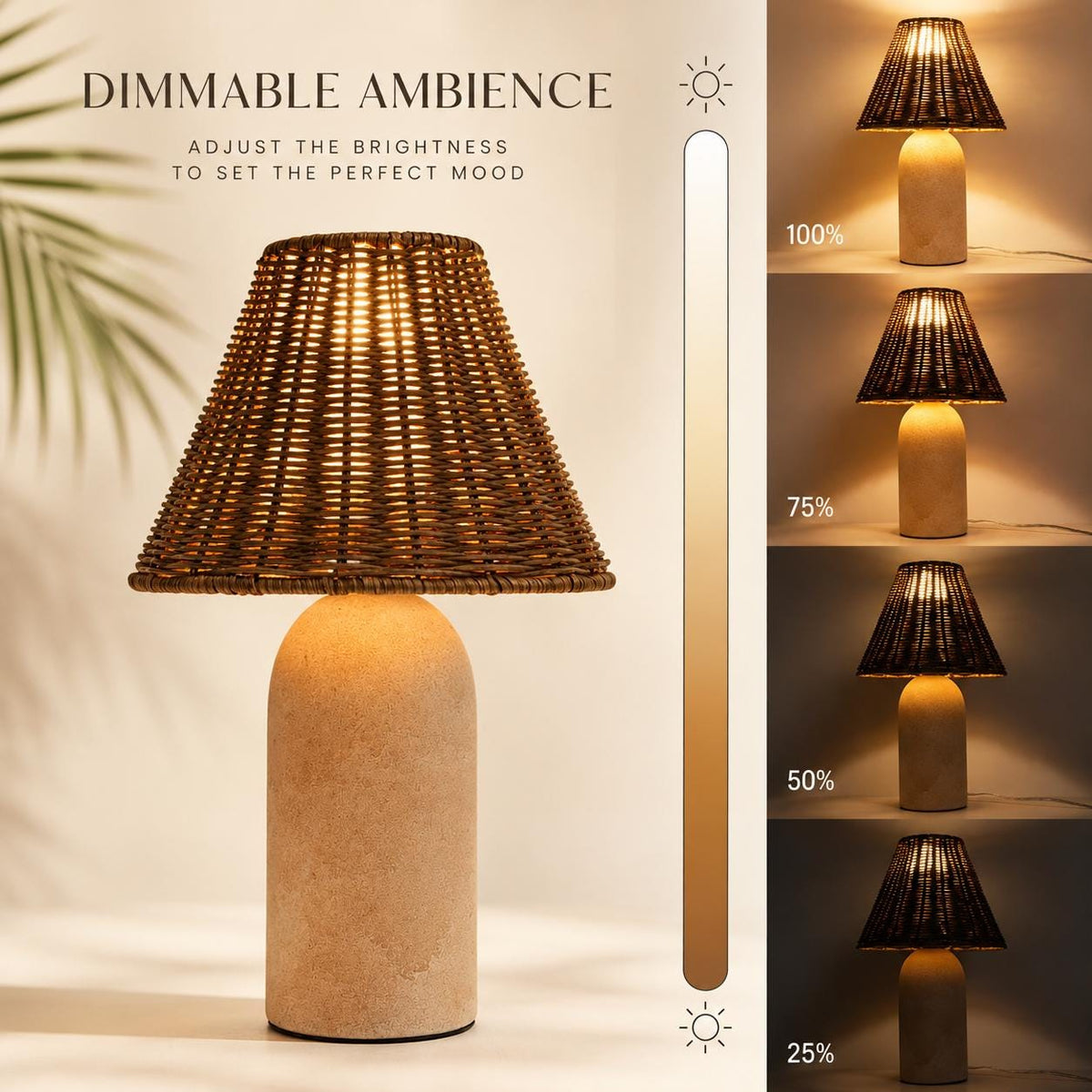 Small Ceramic Table Lamp with Rattan Wicker Shade & Dimmable Light