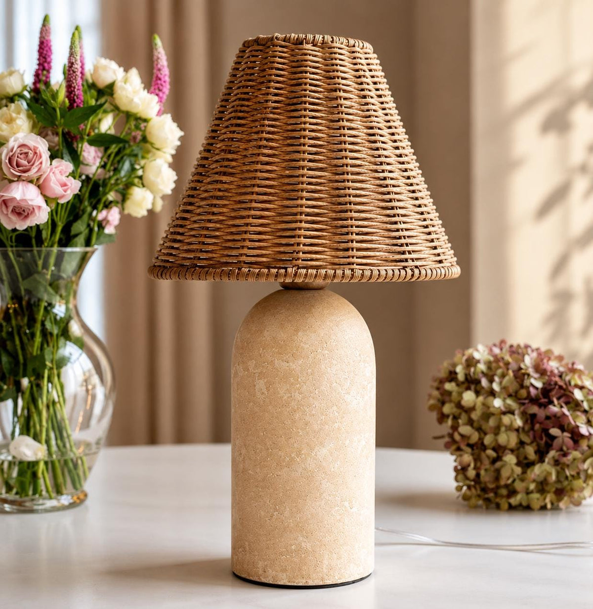 14” Small Mini Ceramic Table Lamp with Rattan Wicker Shade – Dimmable Boho Accent Light for Bedroom, Nightstand, or Living Room Decor