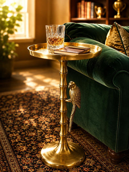 Antique Brass Bamboo Side Table with Parrot Accent