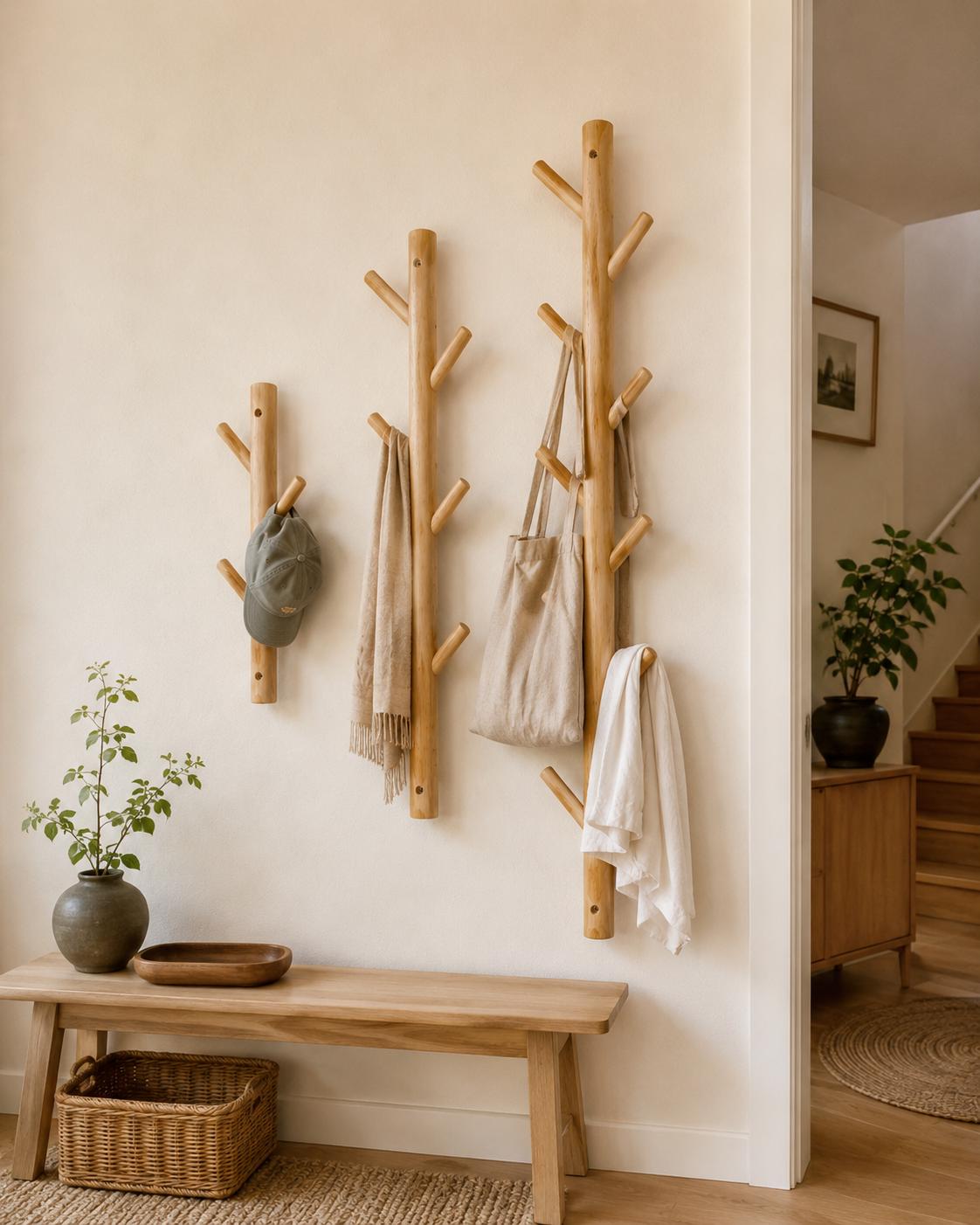 Minimalist Wooden Coat Rack Wall Mounted, Entryway Hook Rack, Solid Wood Mudroom Organizer, Modern Hallway Storage