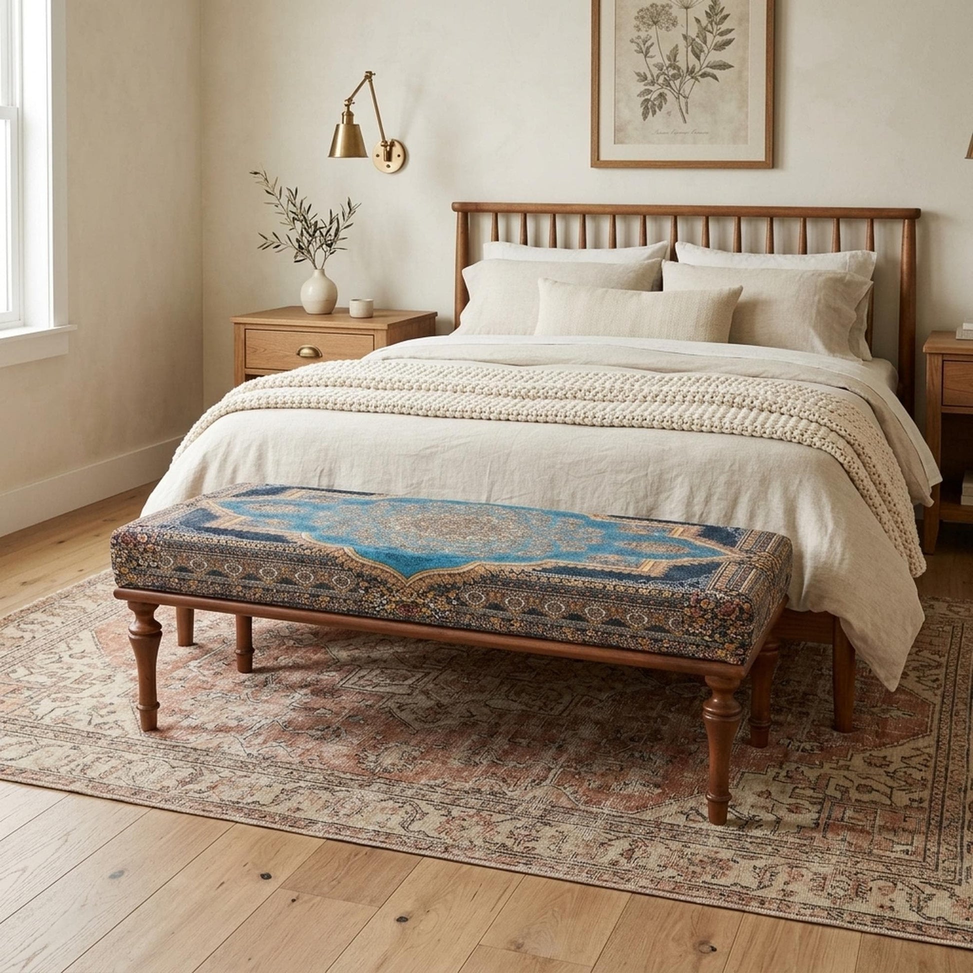 bedroom ottoman bench, wood bench, boho chair, dining table bench, footstool bench, turkish rug bench, upholstered bench, Bench 867