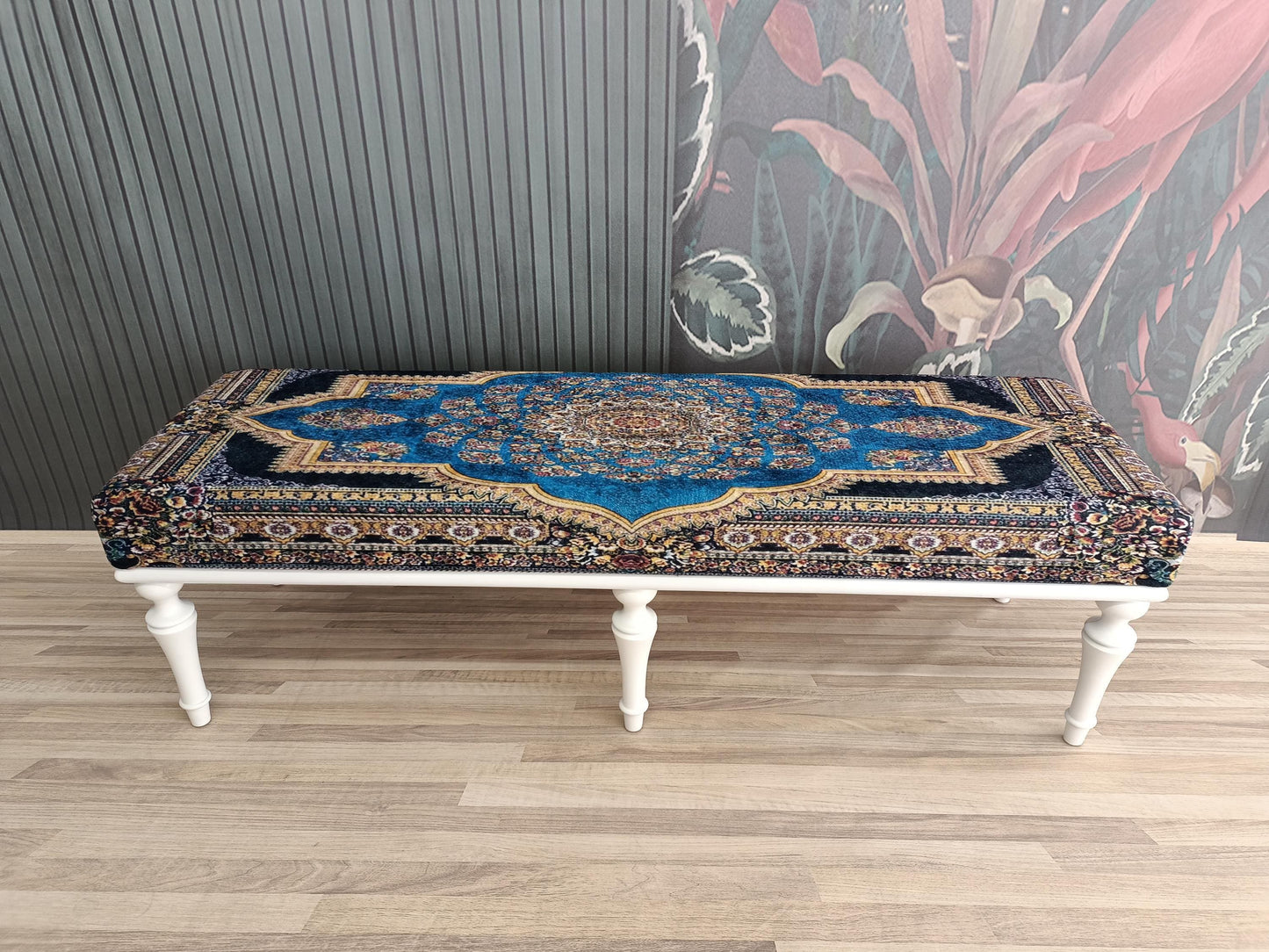 Bedroom ottoman bench, wood bench, boho chair, dining table bench, footstool bench, turkish rug bench, upholstered bench, Bench 867
