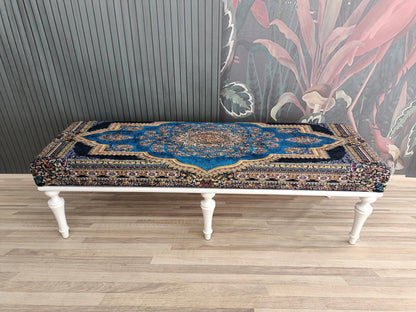Bedroom ottoman bench, wood bench, boho chair, dining table bench, footstool bench, turkish rug bench, upholstered bench, Bench 867
