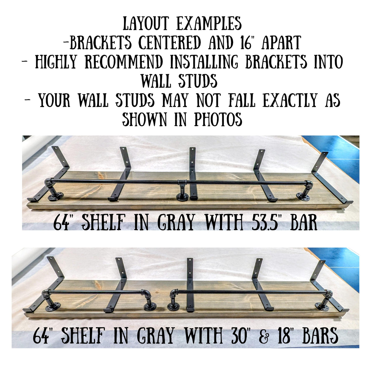 Industrial Pipe Clothes or Towel Bar with or without Solid Wood Shelf