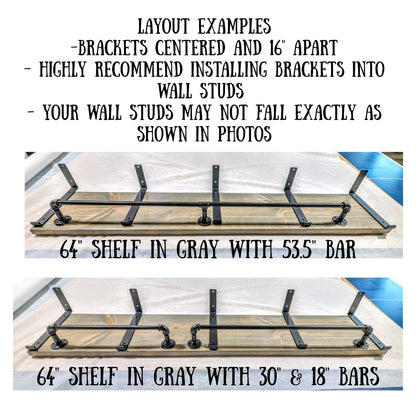 Industrial Pipe Clothes or Towel Bar with or without Solid Wood Shelf