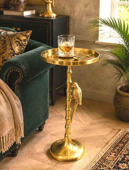 Antique Brass Bamboo Side Table with Parrot Accent