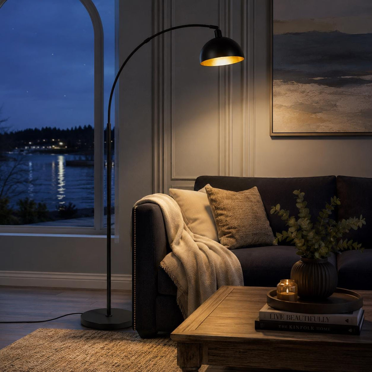 Dimmable Antique Brass Arc Floor Lamp – Banker’s Style Standing Lamp, Vintage Modern customizable Light