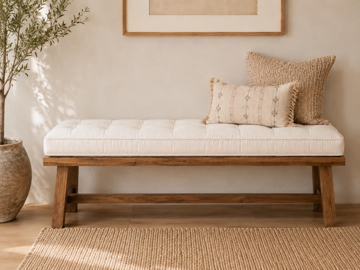 White Linen Bench Cushion, Tufted Indoor Bench Cushion, Window Seat Cushion