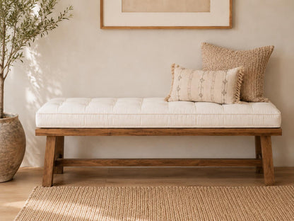 White Linen Bench Cushion, Tufted Indoor Bench Cushion, Window Seat Cushion