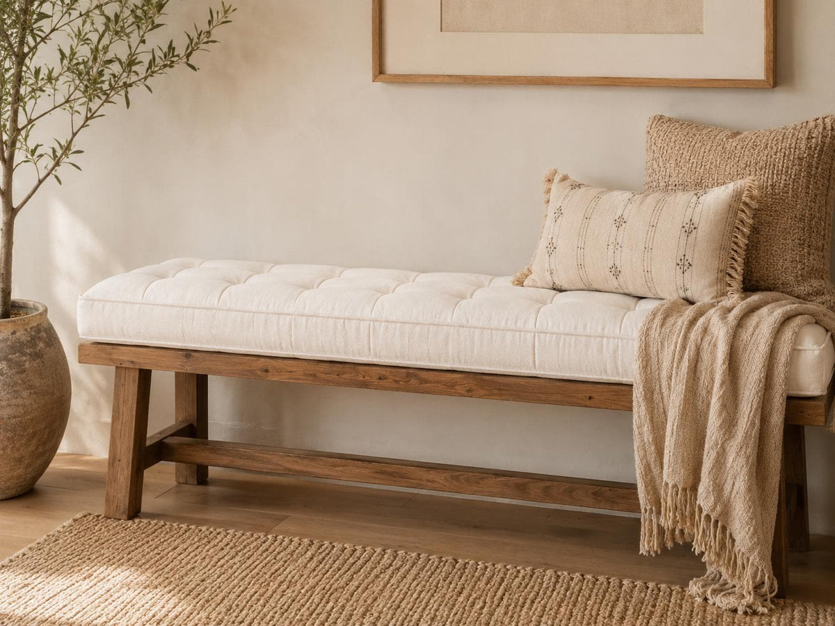 White Linen Bench Cushion, Tufted Indoor Bench Cushion, Window Seat Cushion