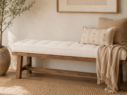 White Linen Bench Cushion, Tufted Indoor Bench Cushion, Window Seat Cushion