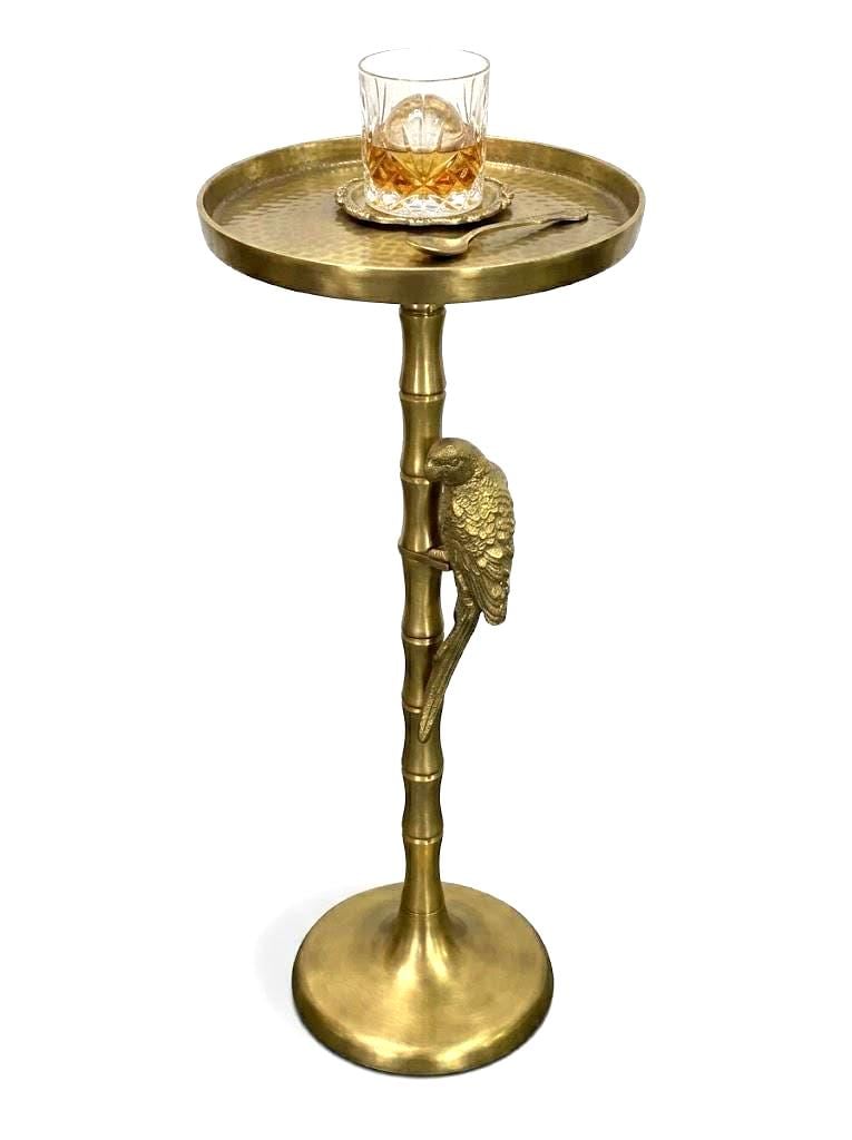 Antique Brass Bamboo Side Table with Parrot Accent