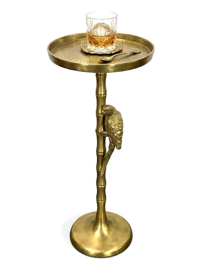 Antique Brass Bamboo Side Table with Parrot Accent