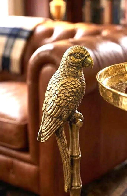 Antique Brass Bamboo Side Table with Parrot Accent