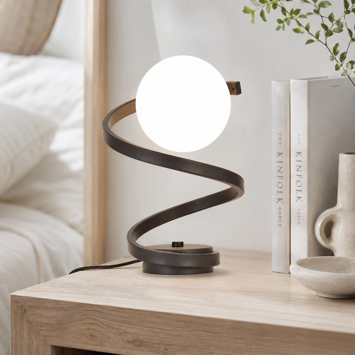 Spiral LED Table Lamp, Glass Globe Bedside Light for Bedroom
