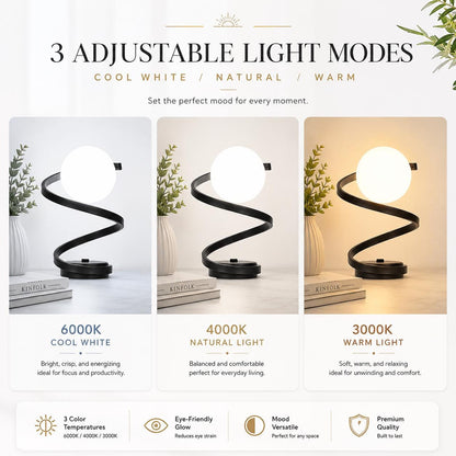 Spiral LED Table Lamp, Glass Globe Bedside Light for Bedroom