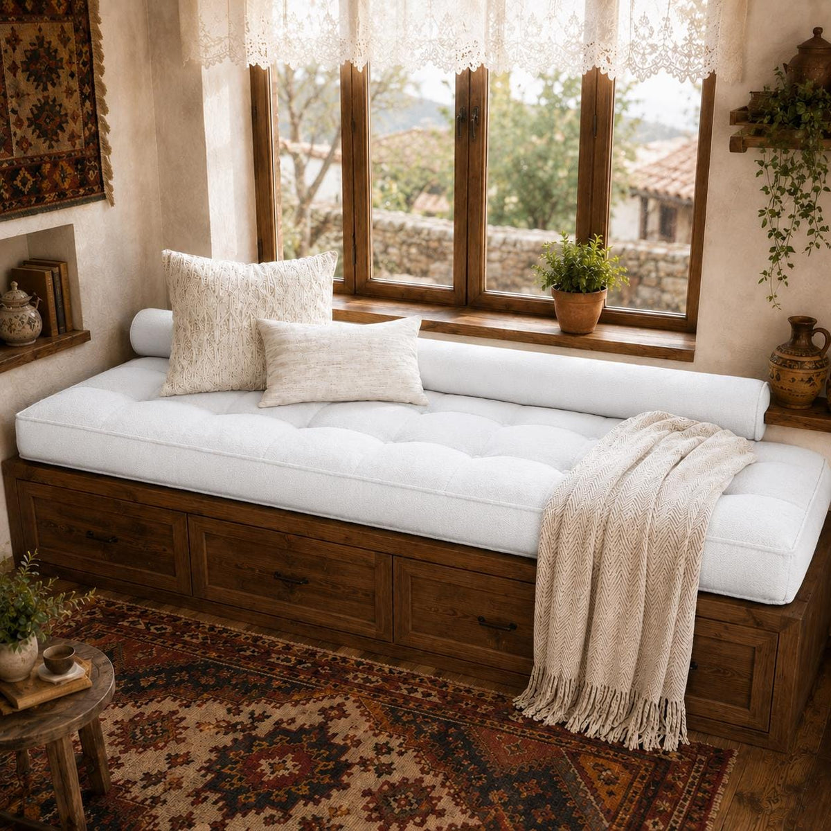 Large Window Seat Cushion, Tufted Bench Cushion, Handmade Indoor Bench Seat
