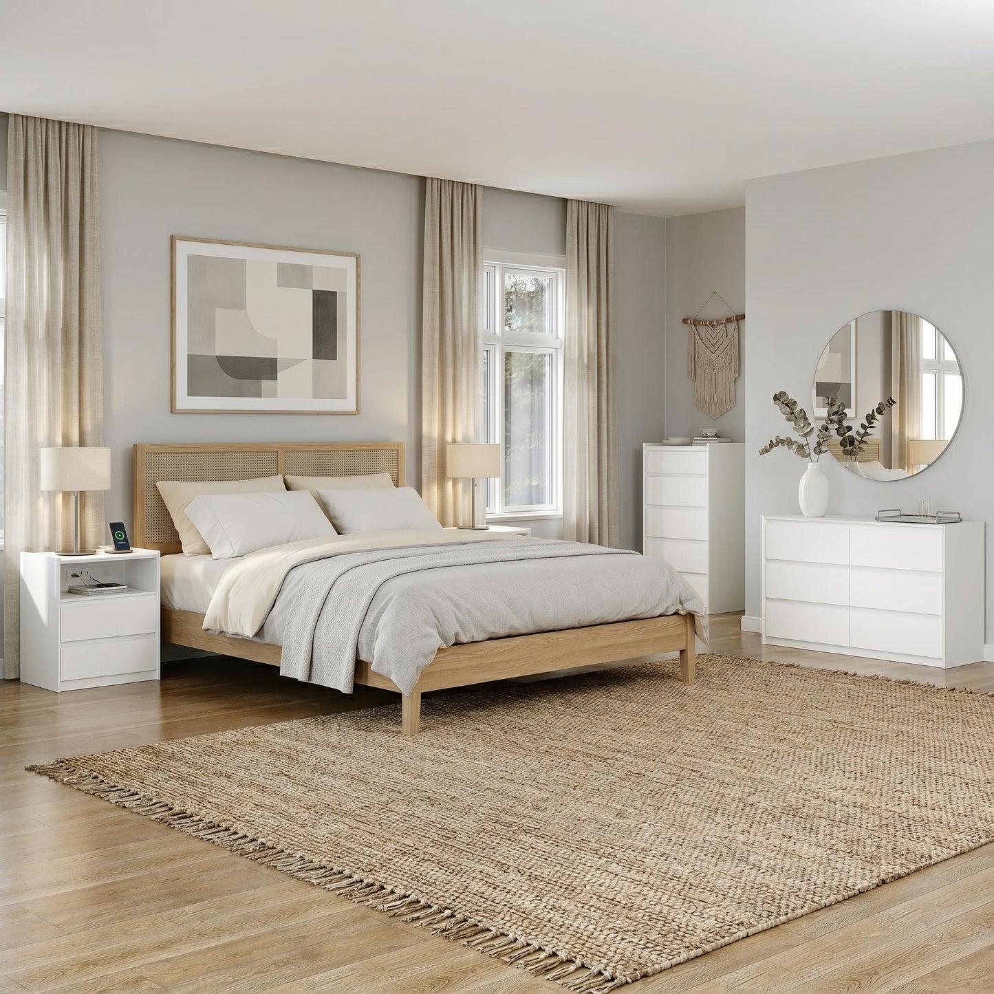 White Nightstand with Charging Station, 2 Drawers & Tray Top