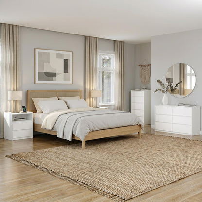 White Nightstand with Charging Station, 2 Drawers & Tray Top