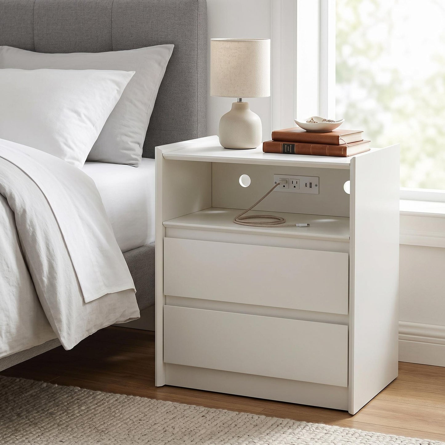 White Nightstand with Charging Station, 2 Drawers & Tray Top
