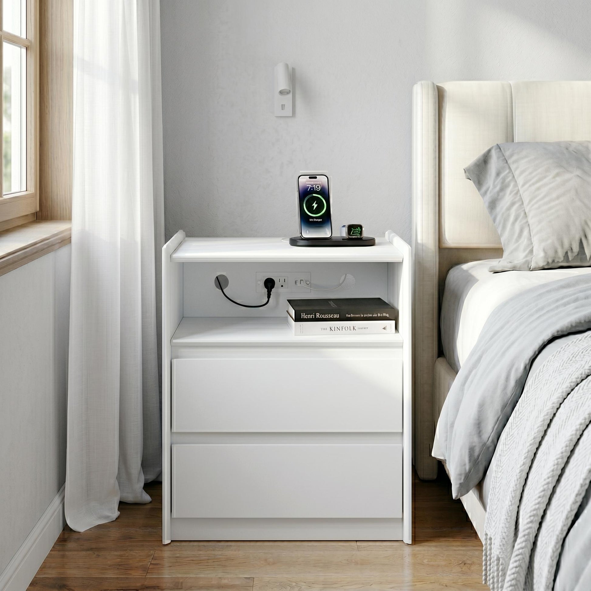 White Nightstand with Charging Station, 2-Drawer Modern Bedside Table with USB/Type-C Ports & Tray Top