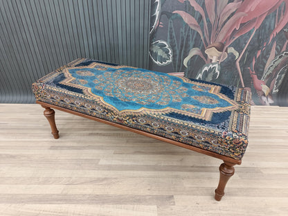 Bedroom ottoman bench, wood bench, boho chair, dining table bench, footstool bench, turkish rug bench, upholstered bench, Bench 867