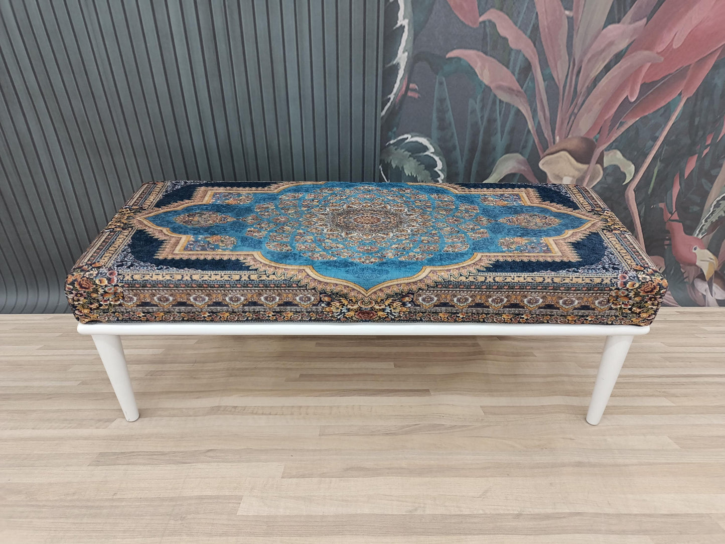 Bedroom ottoman bench, wood bench, boho chair, dining table bench, footstool bench, turkish rug bench, upholstered bench, Bench 867