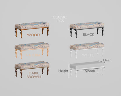 Bedroom ottoman bench, wood bench, boho chair, dining table bench, footstool bench, turkish rug bench, upholstered bench, Bench 867