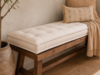 White Linen Custom Bench Cushion, Tufted Indoor Bench Cushion, Window Seat Cushion, Handmade Entryway Bench Seat