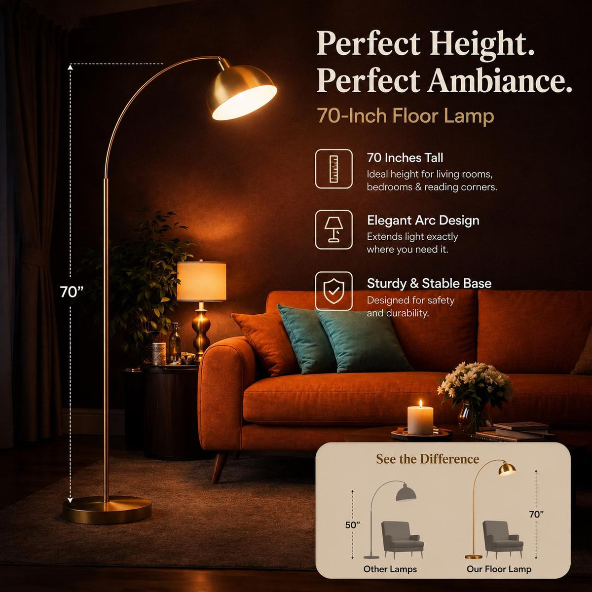 Dimmable Antique Brass Arc Floor Lamp – Banker’s Style Standing Lamp, Vintage Modern customizable Light