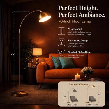 Dimmable Antique Brass Arc Floor Lamp – Banker’s Style Standing Lamp, Vintage Modern customizable Light
