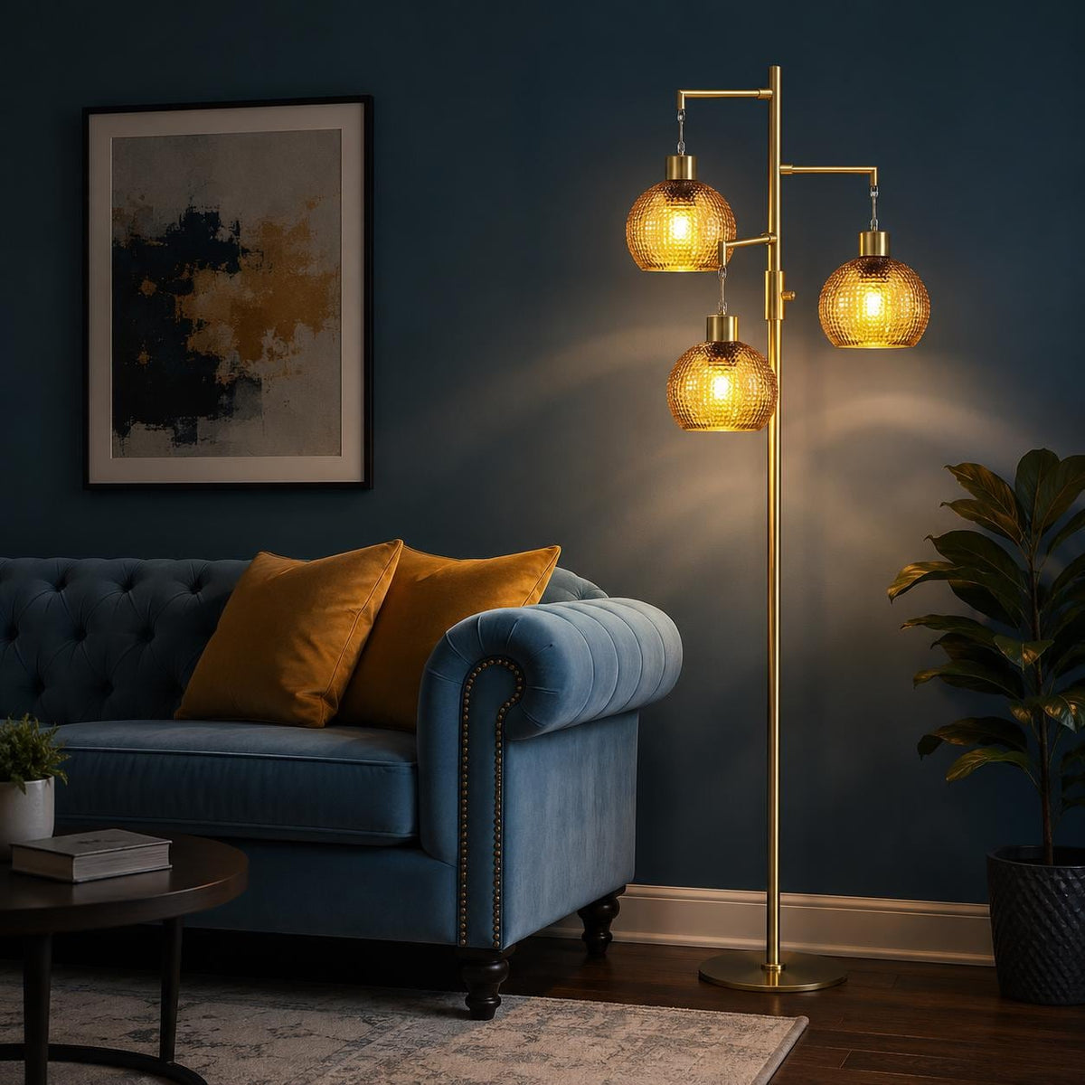 Modern Glass Floor Lamp, Dimmable 3-Light Standing Lamp with Green Shades - customizable light