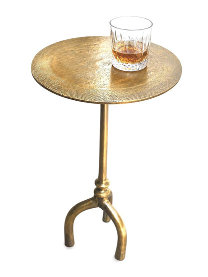 Round Brass-Finish Side Table with Textured Top, Sculptural Drink Table