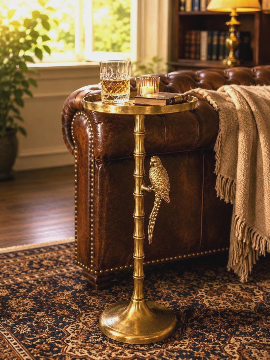 Antique Brass Bamboo Tree Side Table with Parrot Accent | Luxury Living Room Décor