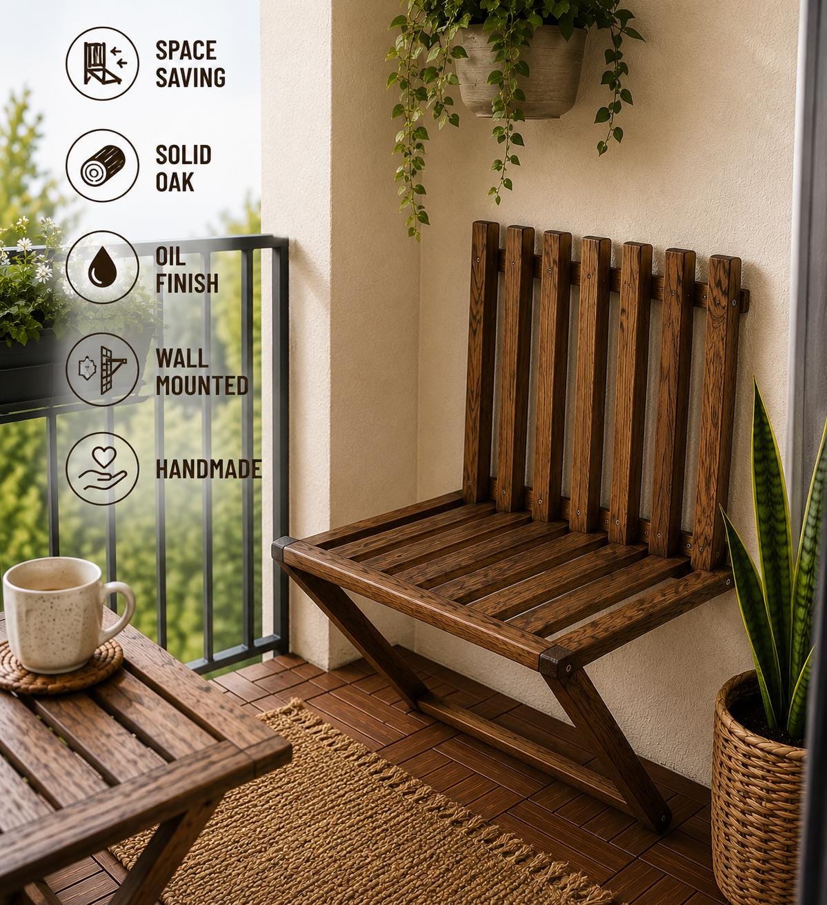 Folding Wall Chair in Solid Oak | Handmade Space Saving Furniture