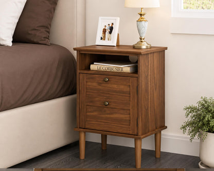 Modern Boho Nightstand, Wooden Bedside Table with Storage Drawer and Open Shelf, Bedroom End Table, Living Room Side Table, Small Cabinet