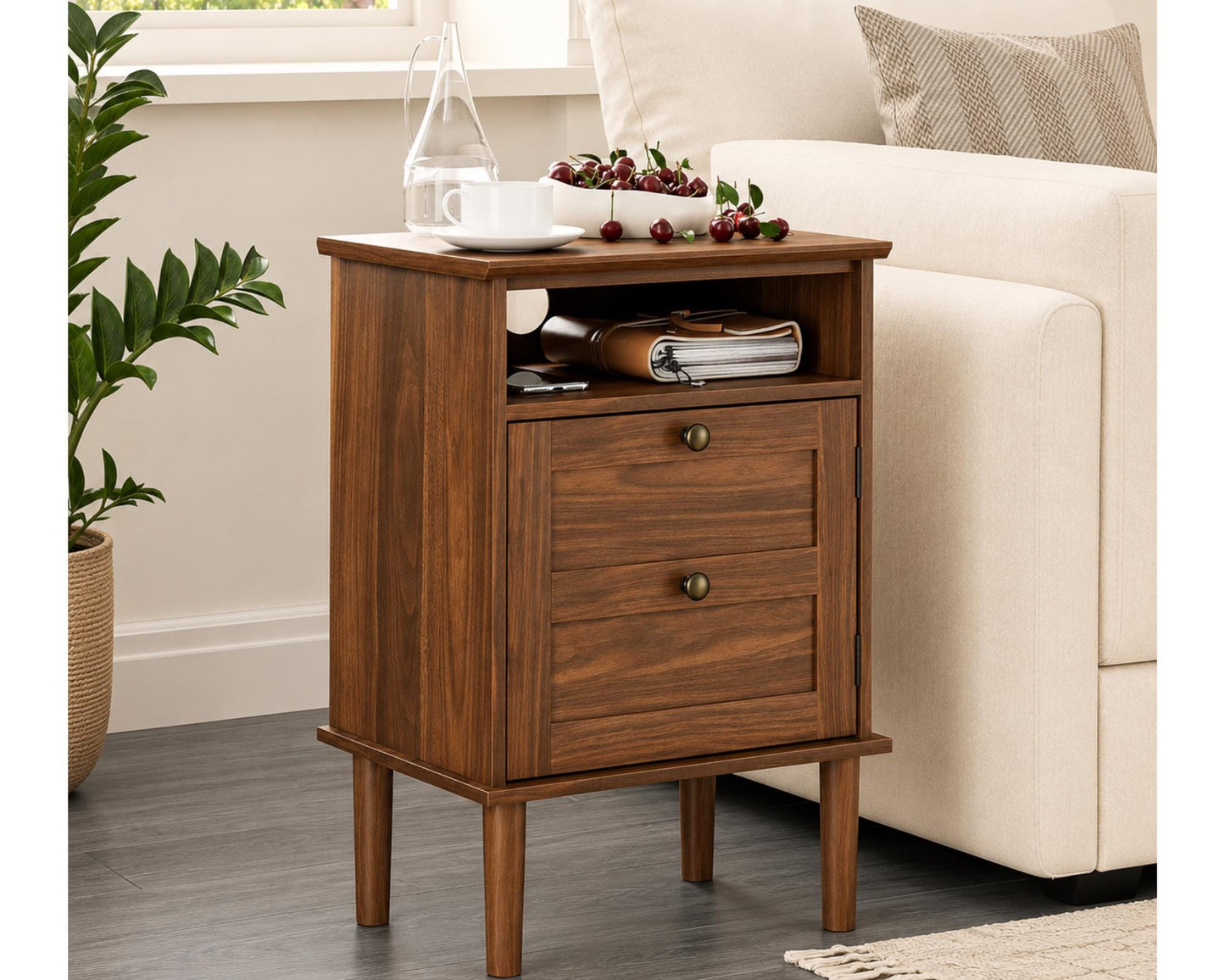 Modern Boho Nightstand, Wooden Bedside Table with Storage Drawer and Open Shelf, Bedroom End Table, Living Room Side Table, Small Cabinet