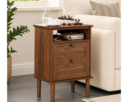 Modern Boho Nightstand, Wooden Bedside Table with Storage Drawer and Open Shelf, Bedroom End Table, Living Room Side Table, Small Cabinet