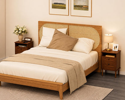 Modern Boho Nightstand, Wooden Bedside Table with Storage Drawer and Open Shelf, Bedroom End Table, Living Room Side Table, Small Cabinet