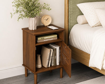 Modern Boho Nightstand, Wooden Bedside Table with Storage Drawer and Open Shelf, Bedroom End Table, Living Room Side Table, Small Cabinet