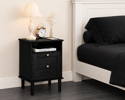 Modern Boho Nightstand, Wooden Bedside Table with Storage Drawer and Open Shelf, Bedroom End Table, Living Room Side Table, Small Cabinet