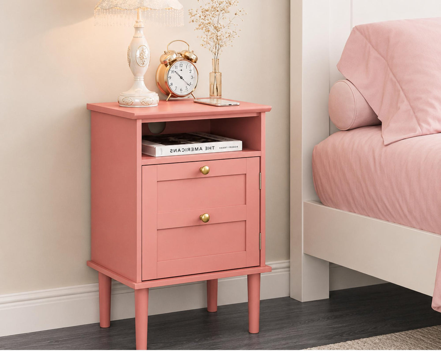 Modern Boho Nightstand, Wooden Bedside Table with Storage Drawer and Open Shelf, Bedroom End Table, Living Room Side Table, Small Cabinet