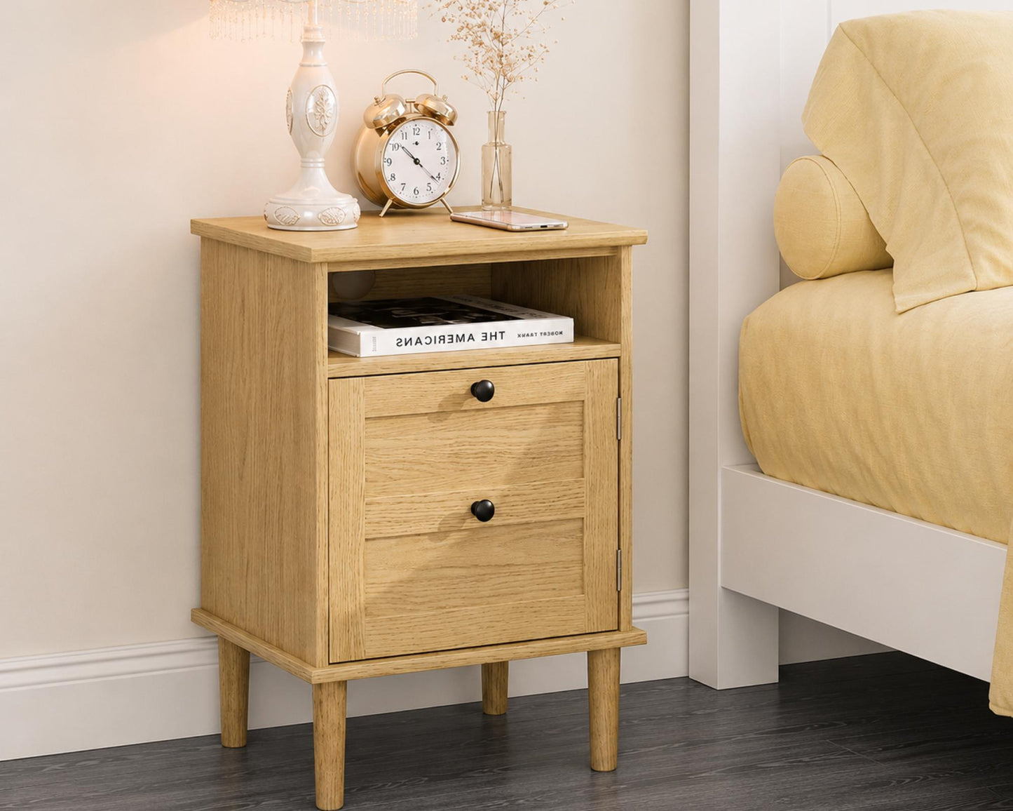 Modern Boho Nightstand, Wooden Bedside Table with Storage Drawer and Open Shelf, Bedroom End Table, Living Room Side Table, Small Cabinet