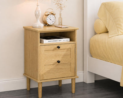 Modern Boho Nightstand, Wooden Bedside Table with Storage Drawer and Open Shelf, Bedroom End Table, Living Room Side Table, Small Cabinet
