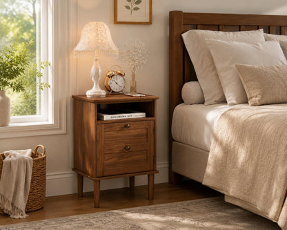 Modern Boho Nightstand, Wooden Bedside Table with Storage Drawer and Open Shelf, Bedroom End Table, Living Room Side Table, Small Cabinet