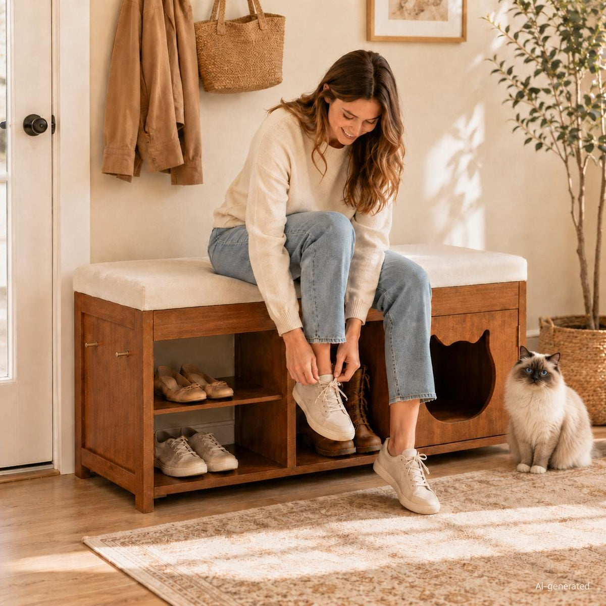Solid Wood Entryway Bench with Cat Cabinet and Hidden Storage Compartment