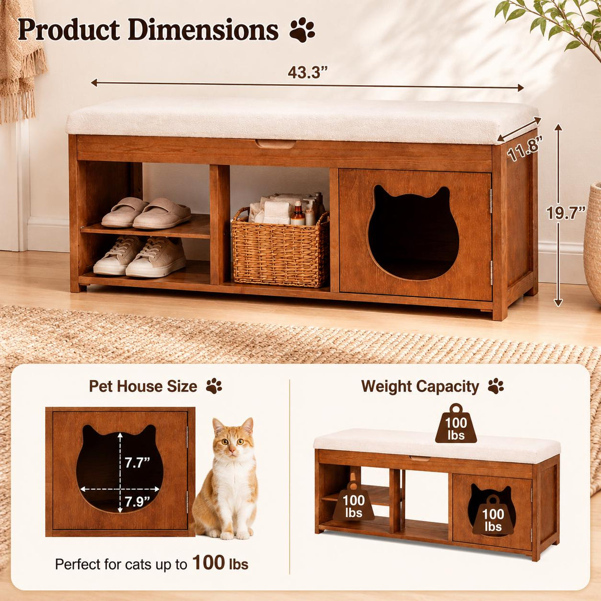 Solid Wood Entryway Bench with Cat Cabinet and Hidden Storage Compartment