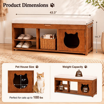 Solid Wood Entryway Bench with Cat Cabinet and Hidden Storage Compartment